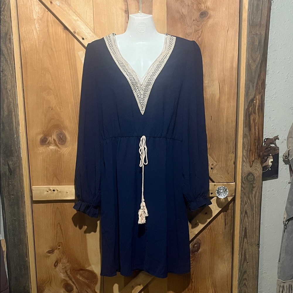 Navy Long Sleeve V-Neck Dress with Cream Lace Trim